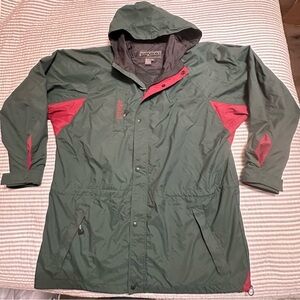 Vintage Jansport Hooded Rain Jacket Green Red XL Nylon Outdoor Windbreaker 90s